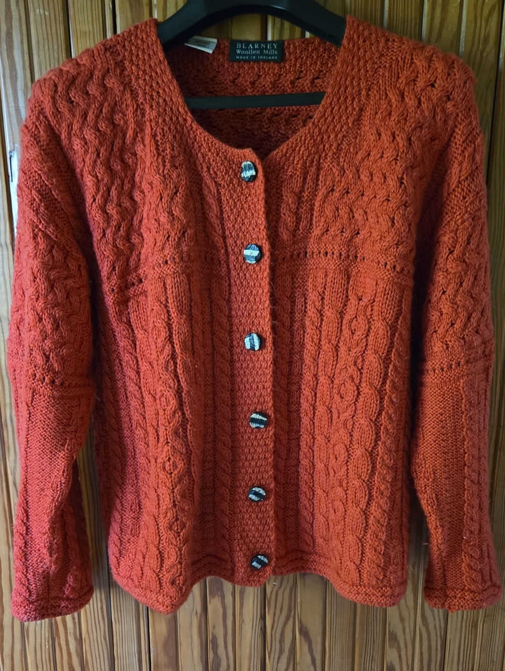 Blarney Woollen Mills Orange Cable Knit Wool Cardigan Sweater Ireland